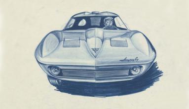A drawing of the corvette stingray that Larry Shinoda designed
